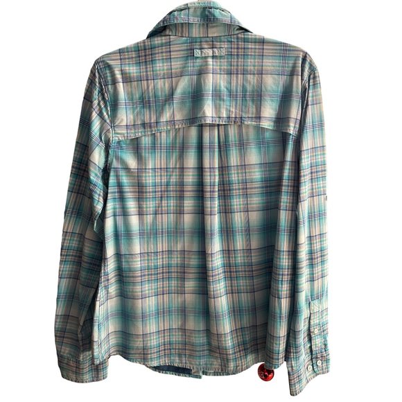 Duluth Trading Co women's size L blue aqua plaid zip pockets nylon button top - Picture 3 of 6